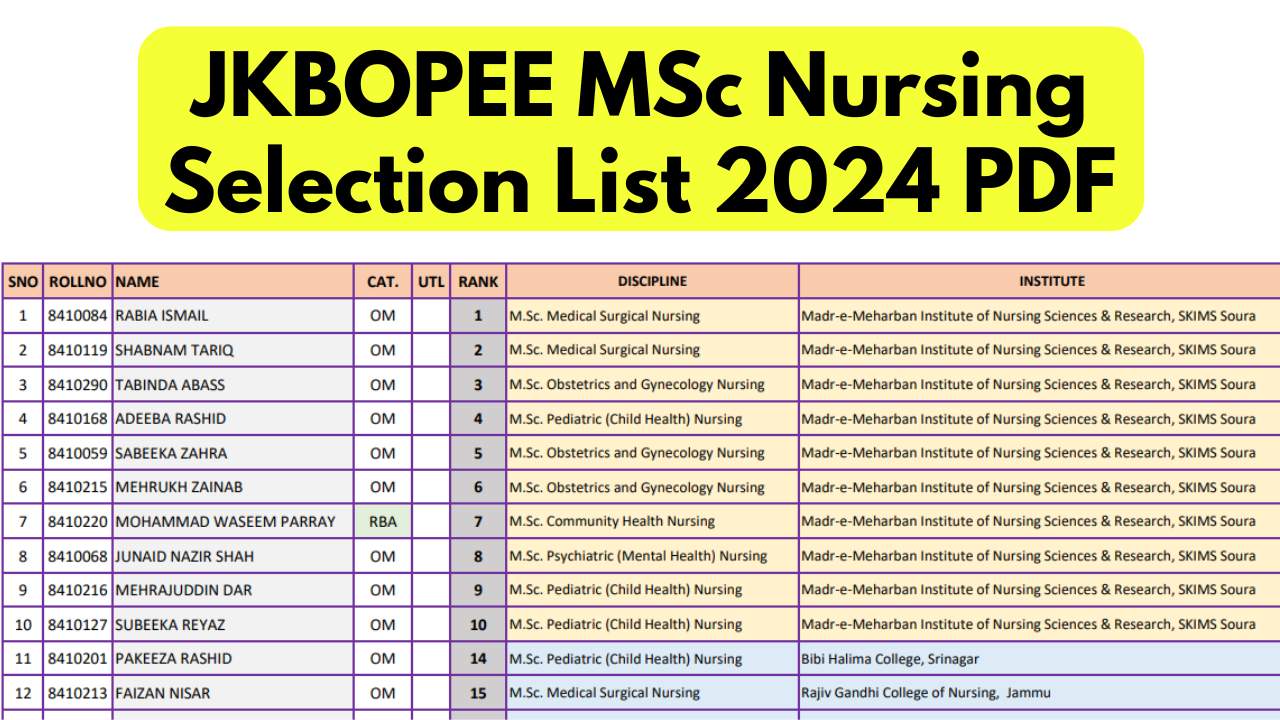 JKBOPEE MSc Nursing Selection List 2024 PDF